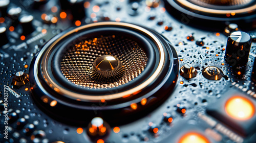 Close-up view of audio speaker with intricate texture surrounded by water droplets; illuminated orange details suggest a high-tech design.