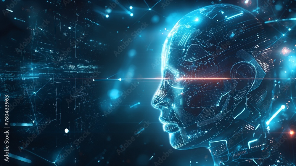 AI generated illustration of a man with high-tech on his face and head in a futuristic setting