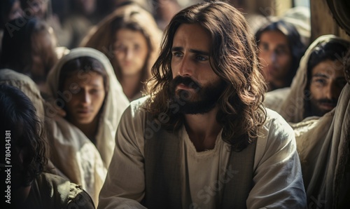 AI generated illustration of Jesus in the center of a large, attentive audience