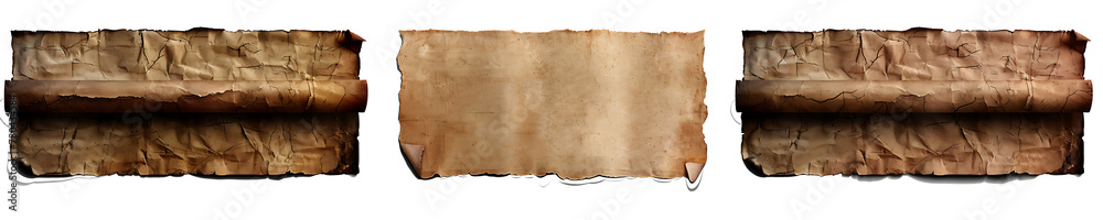 Set of old vintage blank paper scroll and parchment texture isolated on white background, generative ai