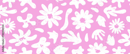 Flower retro seamless pattern  groovy floral background  summer grunge print  spring funky daisy textile. Abstract pink and white cute vector illustration