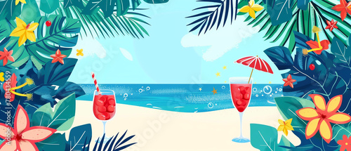 Background with summer drinks on beach  sea view  palm trees  and flower for holiday and summertime. Banner design.