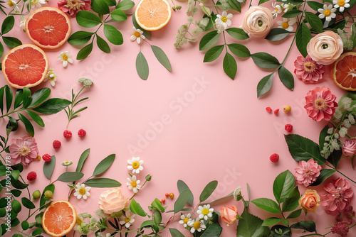 Background with tropical fruits and flowers and place for text.