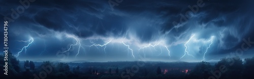 Dramatic scene of lightning strikes illuminating a dark cloudy sky at night