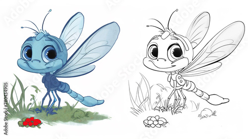 coloring book, cartoon, cute, dragonfly, illustration, style, nature, meadow, forest, children's, flowers, animal, drawing, development, leisure, hobby, activity, game, pencils, color, black and white © Apalko