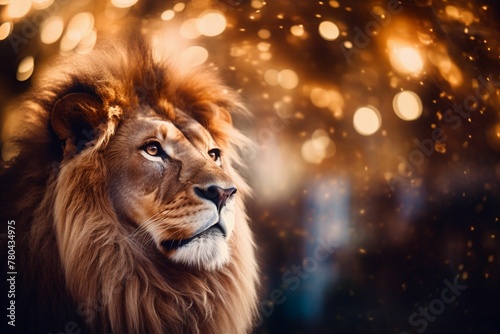 AI generated illustration of a majestic lion head, illuminated by a warm glowing light © Wirestock