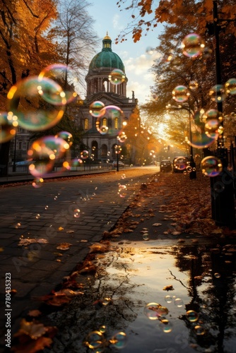 AI generated illustration of bubbles flying on the streets of a city with autumn trees