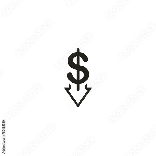 US dollar with down arrow isolated on white background 