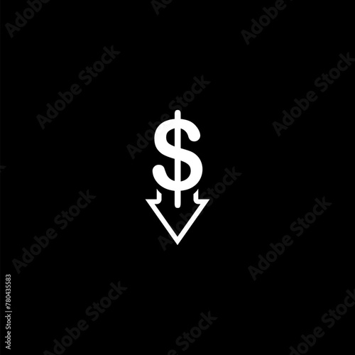 Dollar falling down. Economy decrease icon on black background 