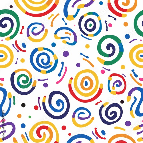 A pattern of rings and circle dots shapes in curved style with colorful colors, on a white background, AI Generated.