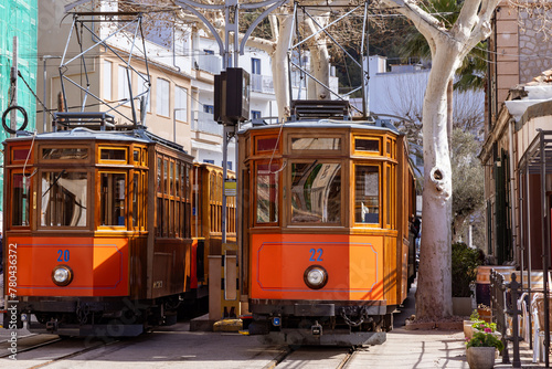 Vintage trams at Port de Soller, Mallorca, Spain photo