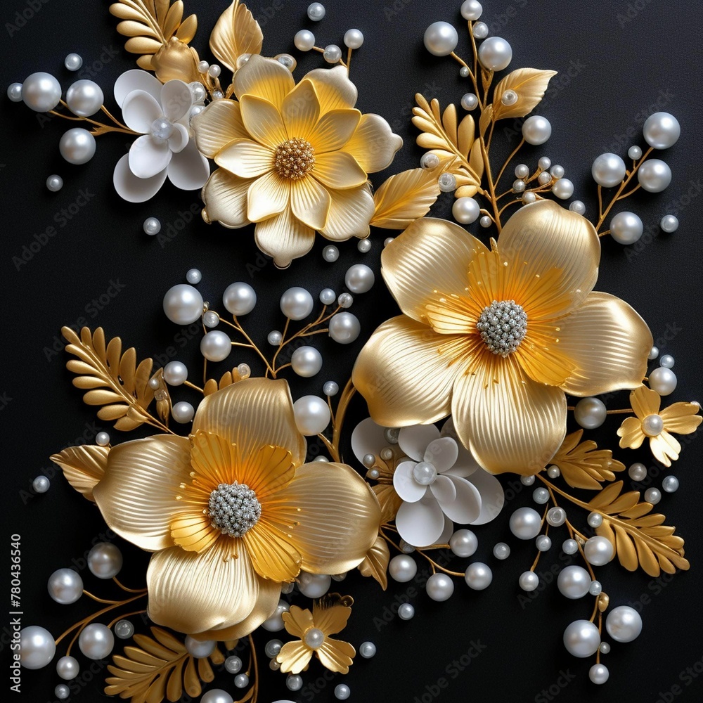 AI generated illustration of a set of papercrafted flowers with pearl accents on a black background