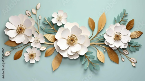 AI generated illustration of a bouquet of delicate paper cut flowers arranged on a blue wall