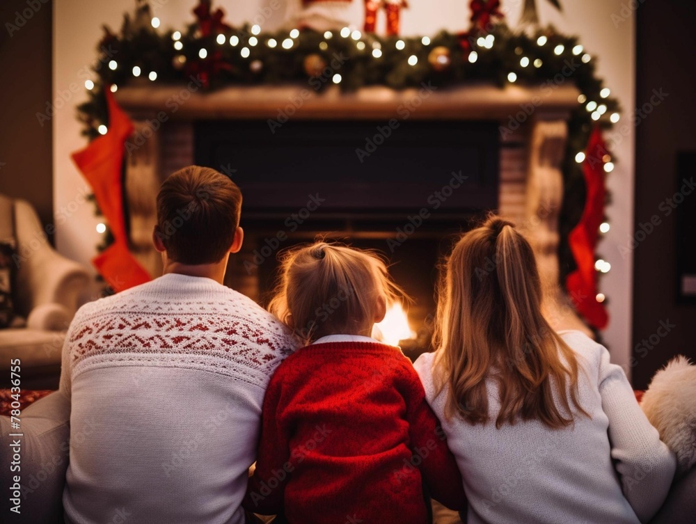 AI generated illustration of a loving family  gathered around a cozy Christmas fireplace