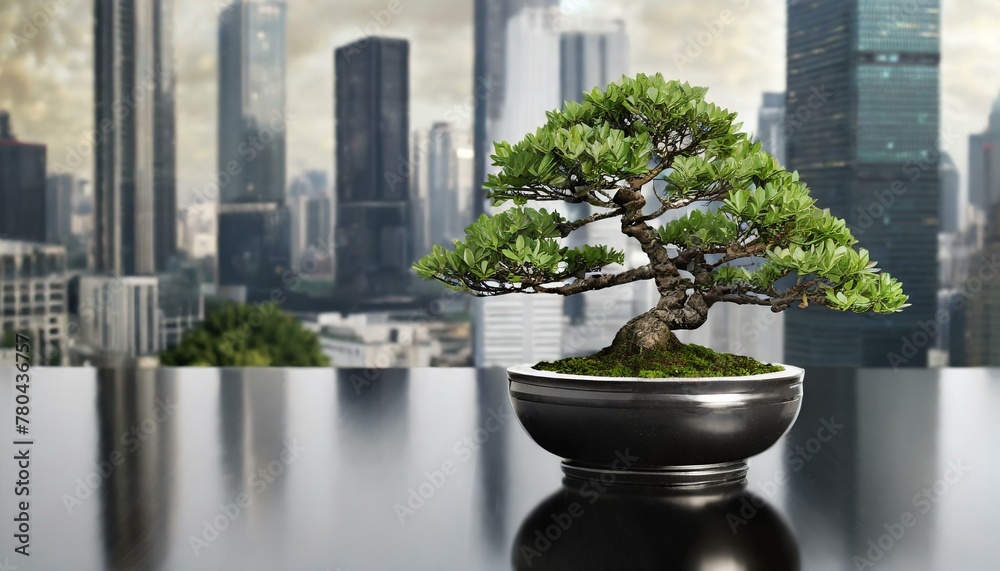 a peaceful bonsai tree displayed in a hachi pot on a table, set against the backdrop of a towering cityscape