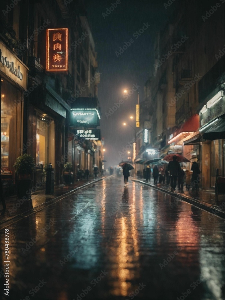 AI generated illustration of a wet night street scene in a busy city