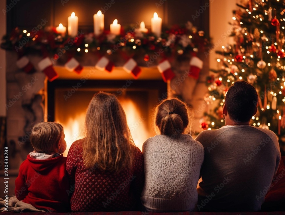 AI generated illustration of a loving family  gathered around a cozy Christmas fireplace