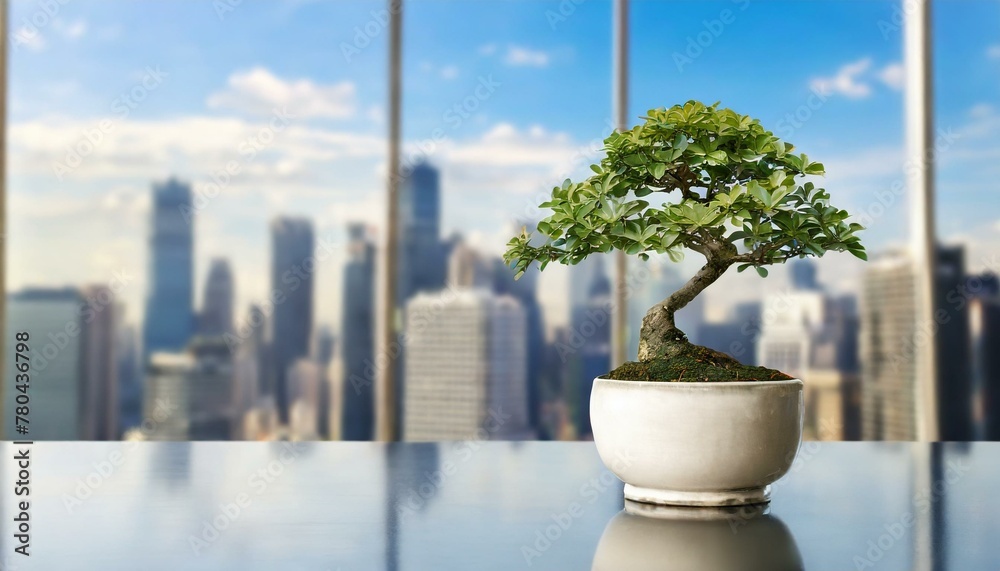 a miniature bonsai tree in a hachi pot on a table, with a vast modern cityscape stretching out behind it a miniature bonsai tree in a hachi pot on a table, with a vast modern cityscape stretching out behind it