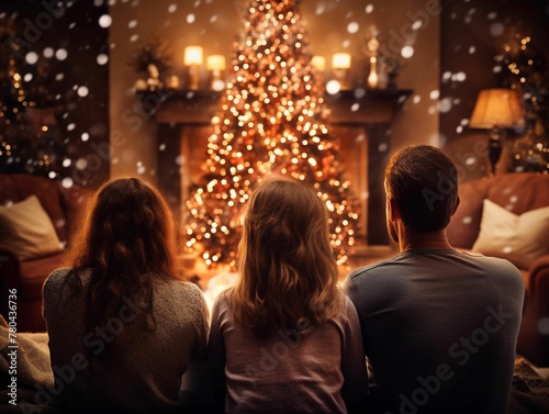 AI generated illustration of a loving family gathered around a cozy Christmas fireplace