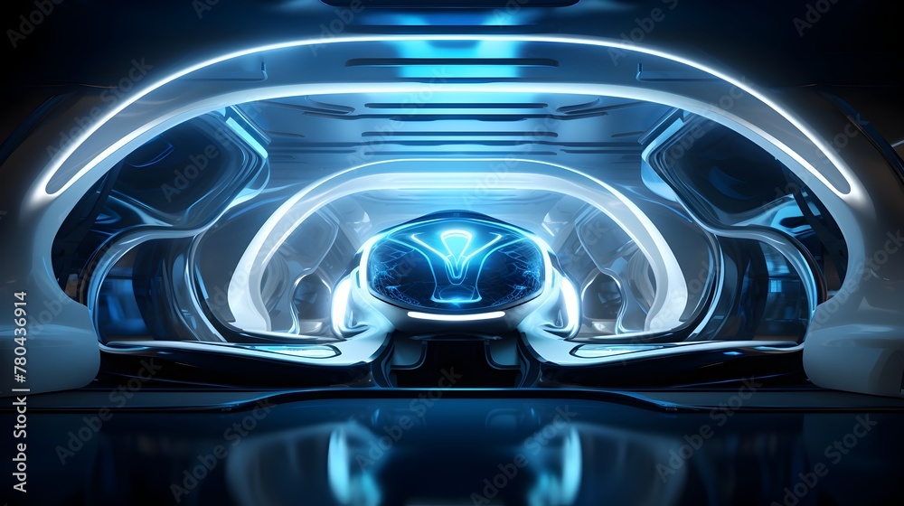 Futuristic Spaceship Interior Bathed in Captivating Glowing Lights and Sleek Digital Panels