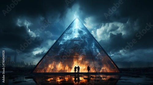 AI generated illustration of a group of people gathered around a blazing pyramidal structure