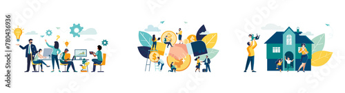 Vector illustration set. Family, buying a house, financial business concept. Businessmen, contract. Brainstorming, office work, corporate presentation, creative ideas and solutions, teamwork, penny