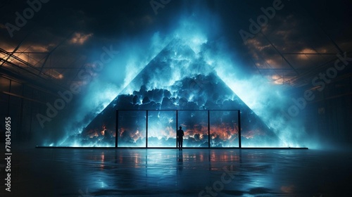 AI generated illustration of a solitary figure in front of an illuminated pyramid photo