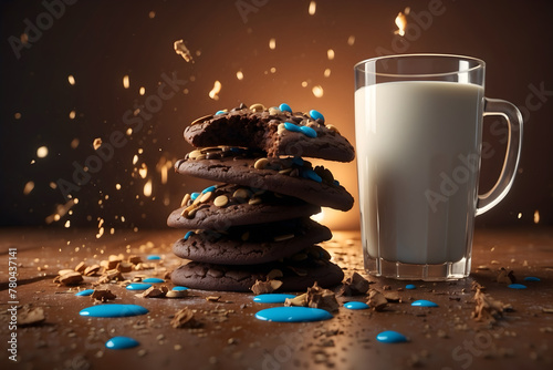 Explosed chocolate cookies and a glass of milk photo