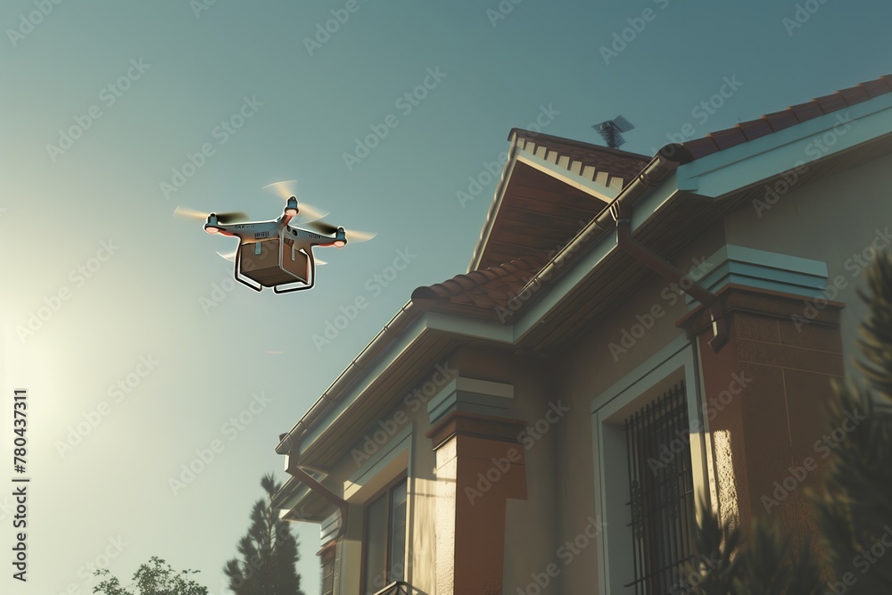 Obraz premium A drone with a box hovers over the rooftop of a house