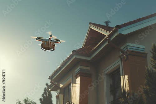 A drone with a box hovers over the rooftop of a house © Vladimir