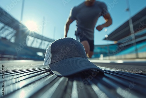 Running Man in Action, Dropped Baseball Cap, Intense Workout at Stadium photo