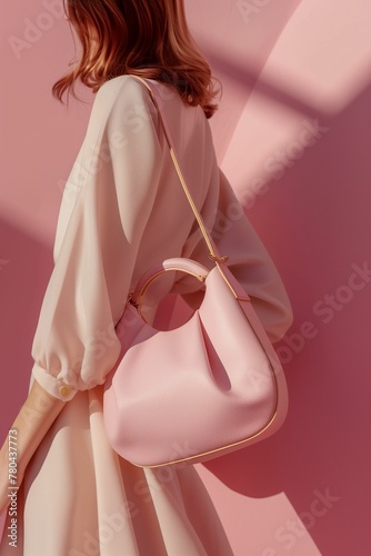 Elegant Woman in Pastel Pink Dress, Stylish Accessory with Copy Space, High Fashion Pose