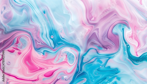 Abstract painting with pink and blue swirls and bubbles on a watery background, AI-generated.