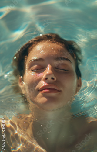 Tranquil female floating in water, sunlight dancing on her serene face, embodying relaxation and harmony. © Darya