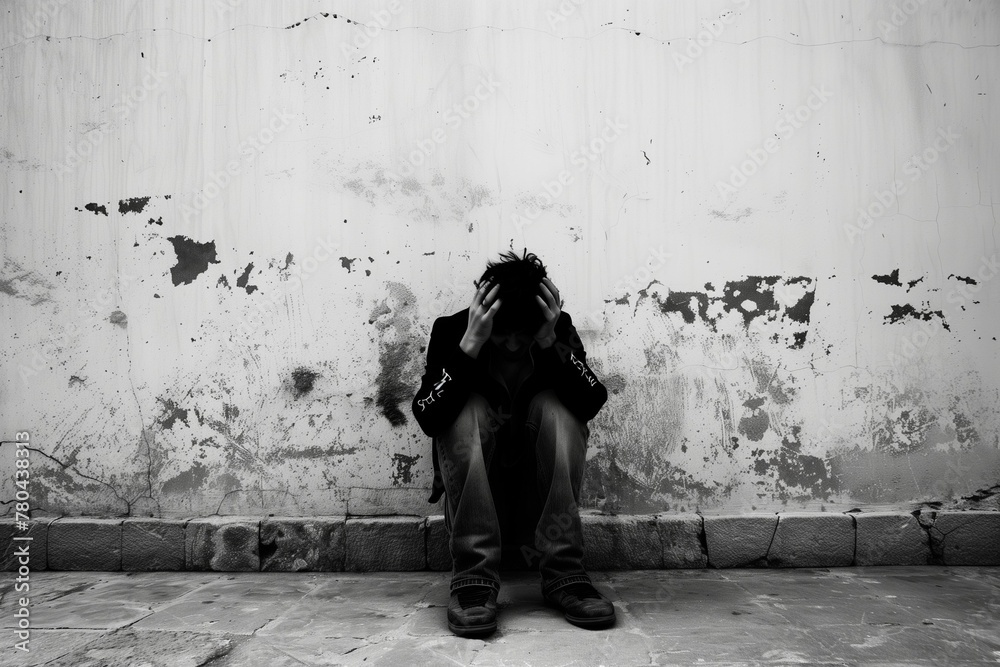 Man in distress covers his face with his hands, sitting against a plain wall, AI-generated.