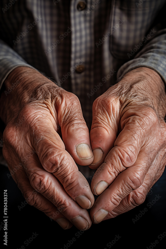 Fototapeta premium Weathered senior's hands clasped, storytelling through lines and wrinkles, symbolic of aging and life's journey.