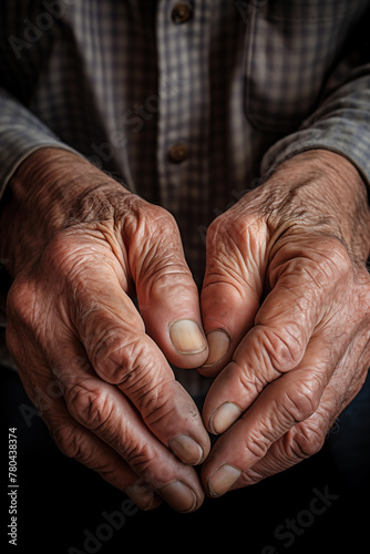 Weathered senior's hands clasped, storytelling through lines and wrinkles, symbolic of aging and life's journey.