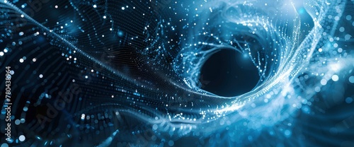 Abstract digital background with light blue and white mesh pattern, a black hole or wormhole in the center, glowing particles of data flow from left to right