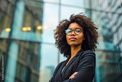 A businesswoman with curly hair and eyeglasses poses confidently in front of a glass office building photo