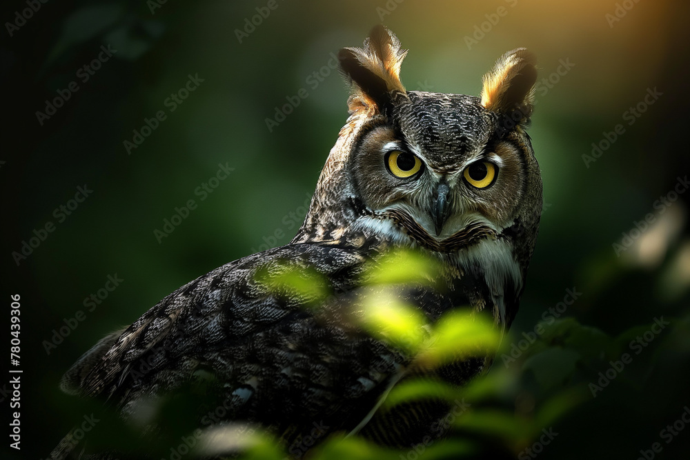 Majestic owl in shadowy forest, intense gaze with sunlight filtering through, perfect for wildlife and mystery themes. Majestic owl in shadowy forest, intense gaze with sunlight filtering through, perfect for wildlife and mystery themes.