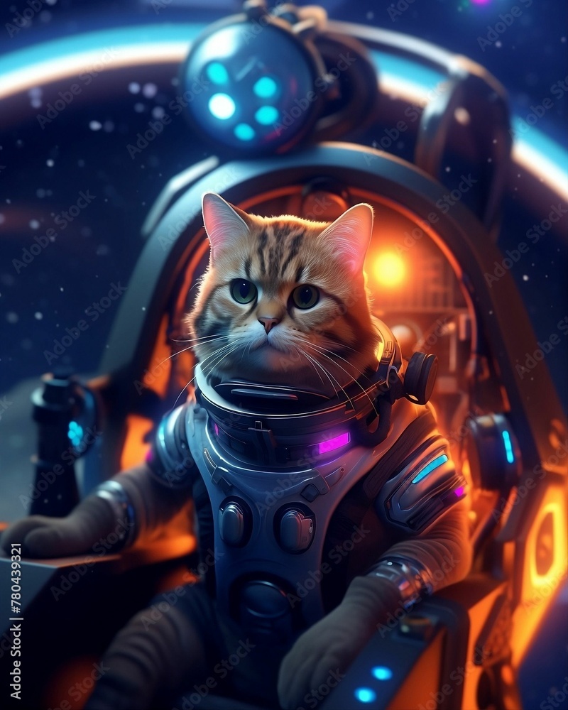 AI generated illustration of a cat in a glowing space suit