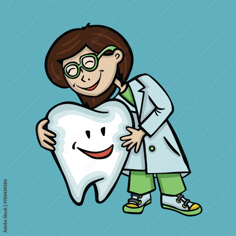 Dentist hugging healthy tooth, oral hygiene cartoon vector