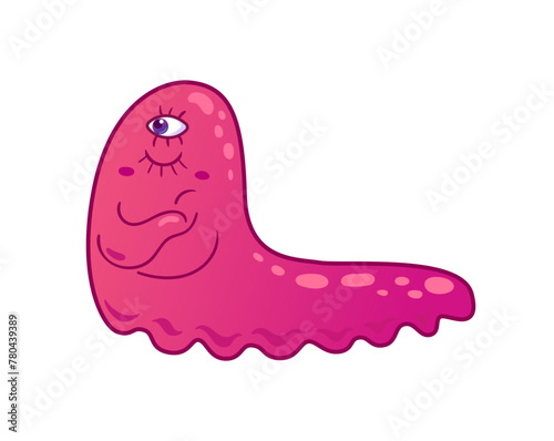 Cute monster. An angry pink alien that looks like a slug. Neon colors, Y2k, gradient, 2000s. Cartoon illustration. Space flights, the future. Halloween stickers, design elements. © Любовь Кондратьева