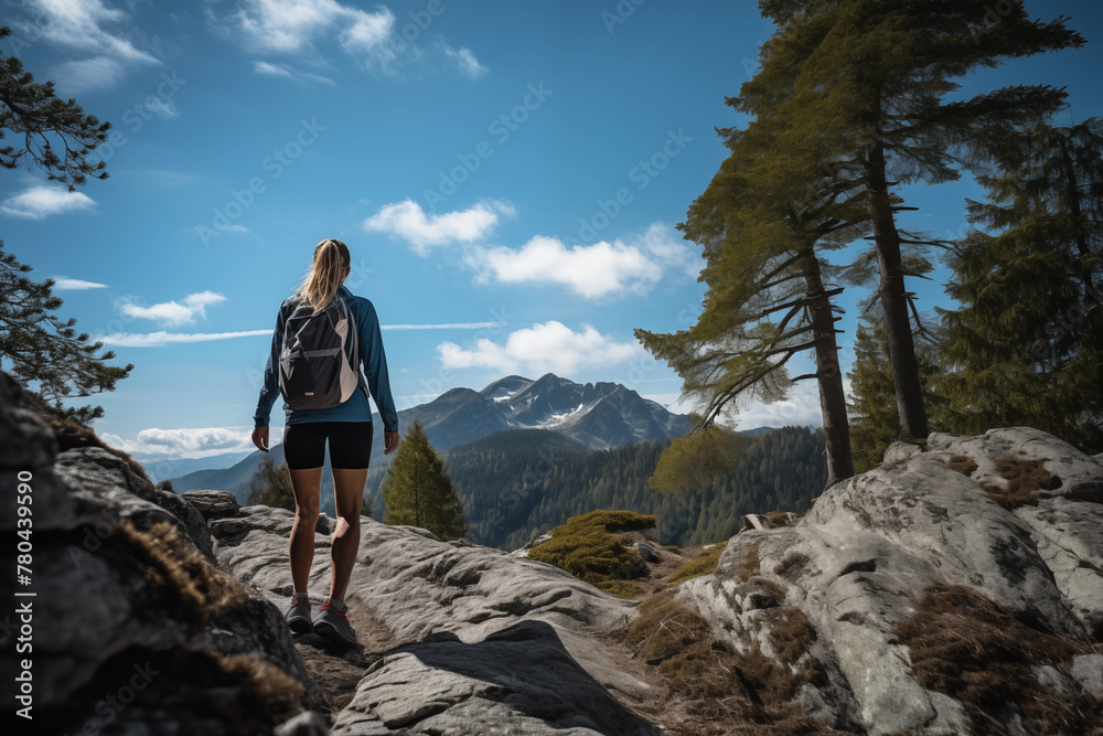 Hiker with backpack trekking in mountains, surrounded by pine trees under blue sky, adventure travel and exploration theme.