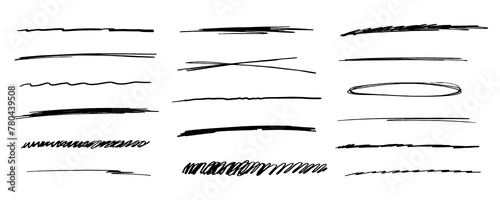  strikethrough underlines, set brush stroke, marker lines grunge curve, wvy free hand marks textured simple borders isolated on white background. Creative collection scribble brush or crayon checks