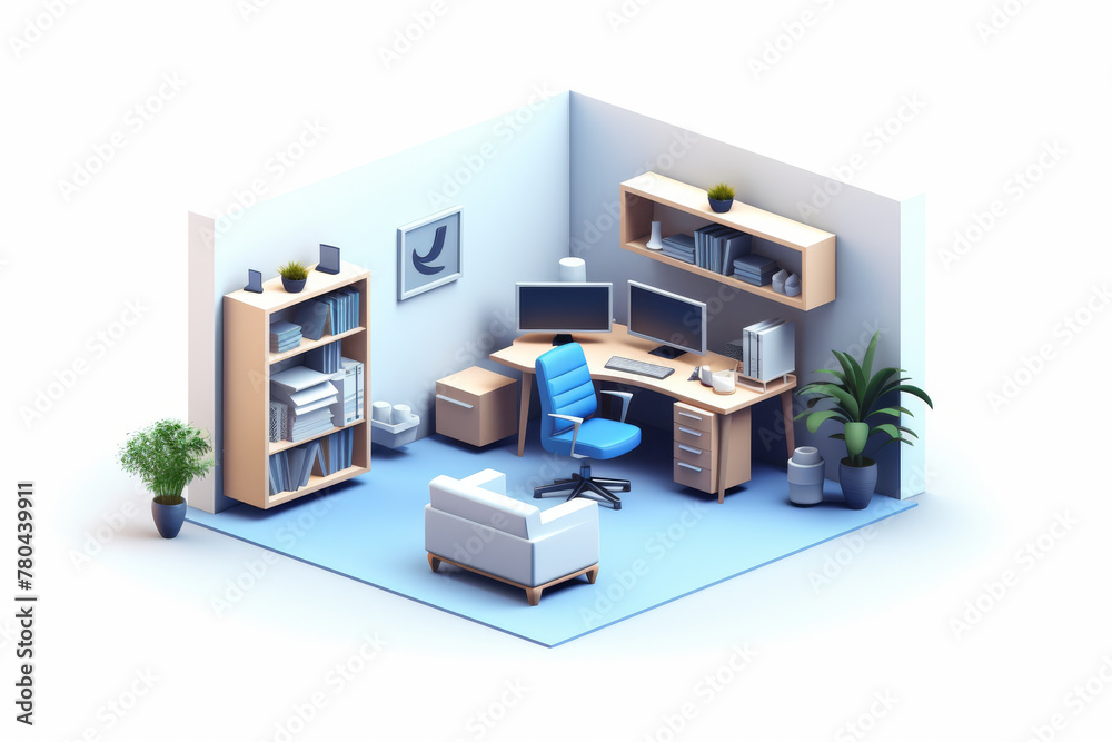 This image features an isometric view of an organized office space with a comfortable chair, bookshelves, and plants This image features an isometric view of an organized office space with a comfortable chair, bookshelves, and plants