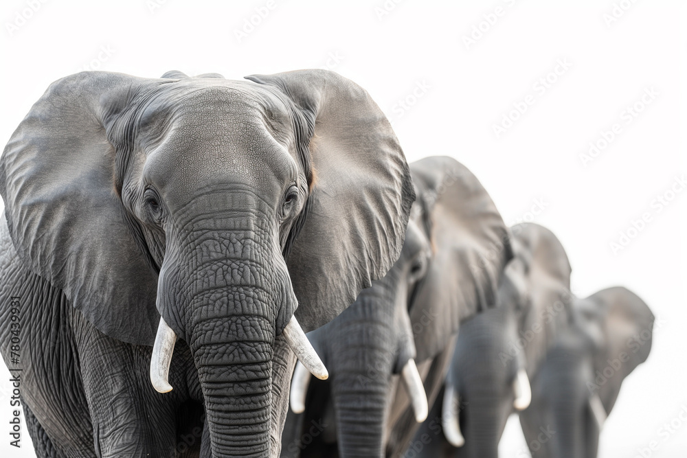 Obraz premium Majestic elephant looking forward, with a gentle gaze, against a soft, blurred herd background, ideal for nature themes.