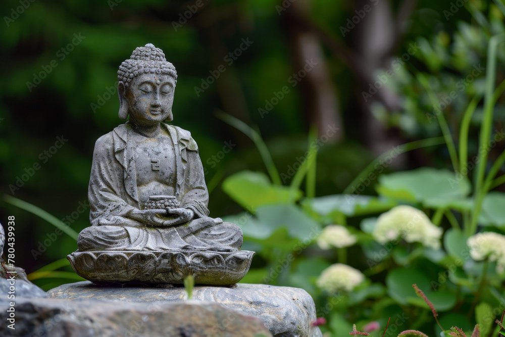 AI-generated illustration of a statue of Buddha on a stone in a green garden setting