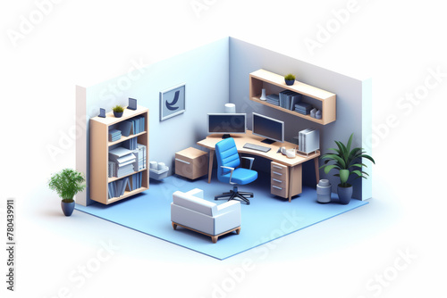 This image features an isometric view of an organized office space with a comfortable chair, bookshelves, and plants