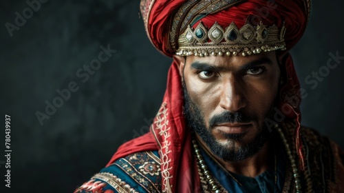 Majestic portrait of a Mamluk warrior in traditional costume with an intense gaze and ornate turban